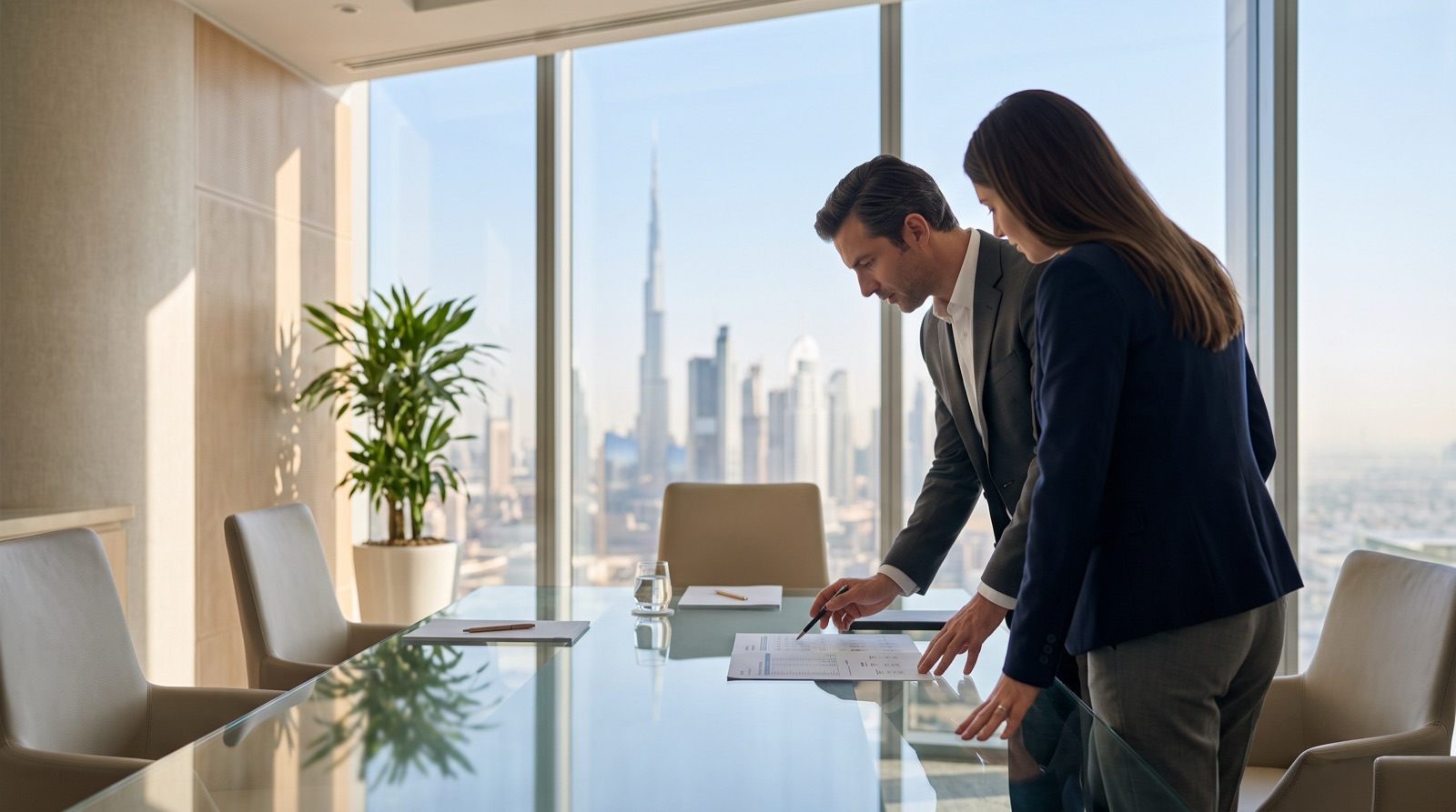 Two professionals reviewing an agreement together at a meeting table