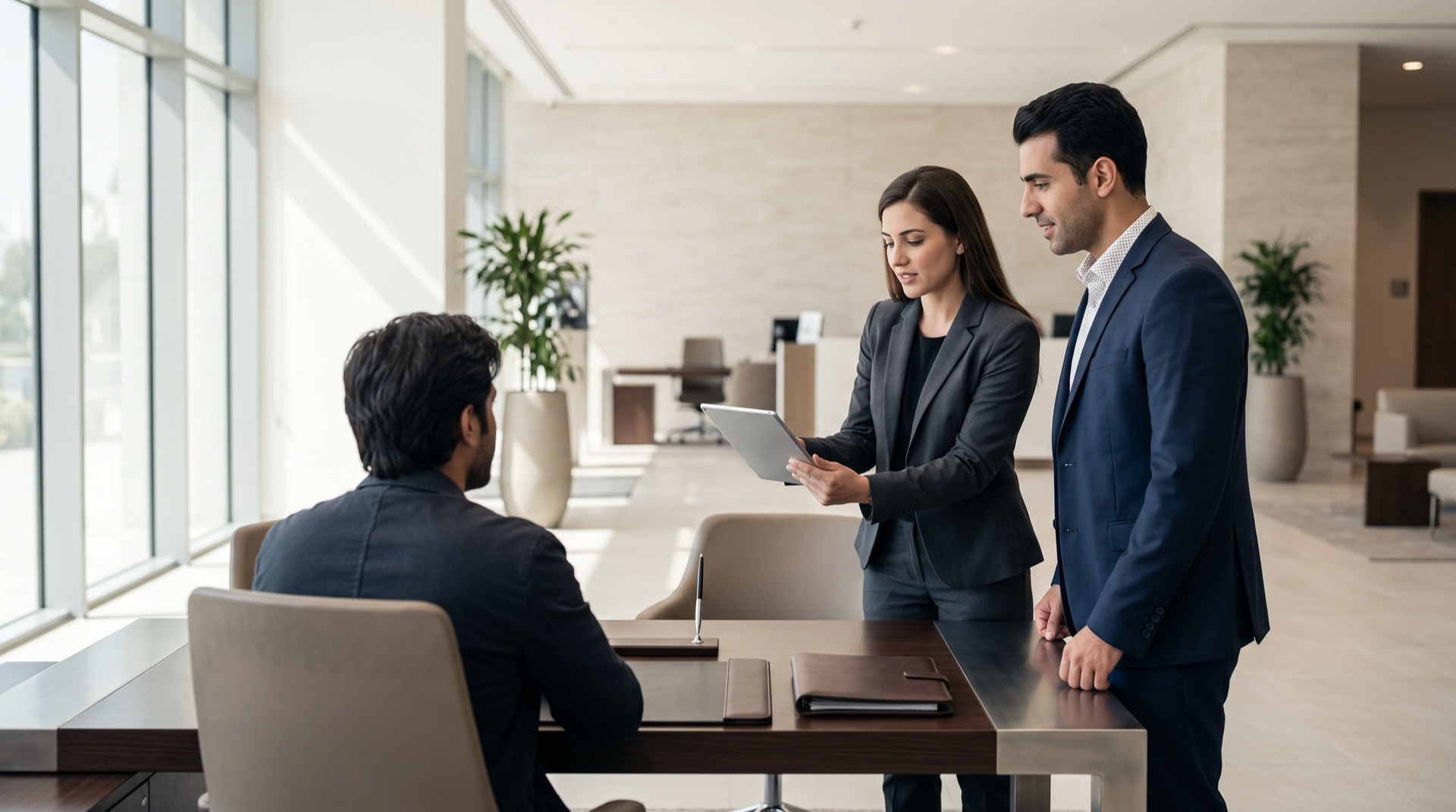 Bank sales agents presenting a tablet to a customer in a modern branch