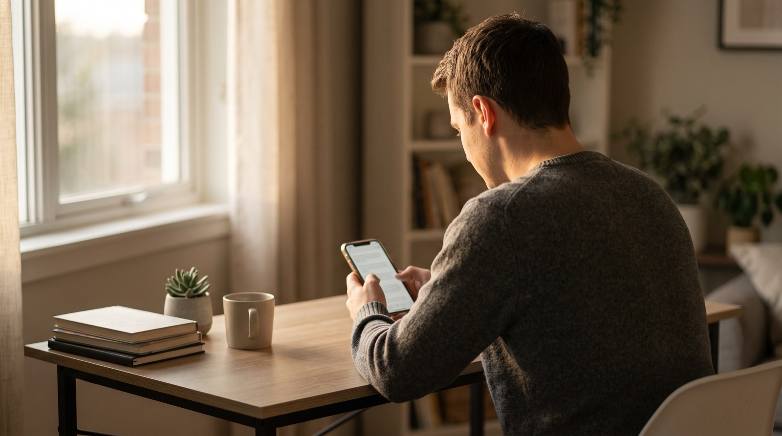 A person at a desk at home, reading good news on their phone