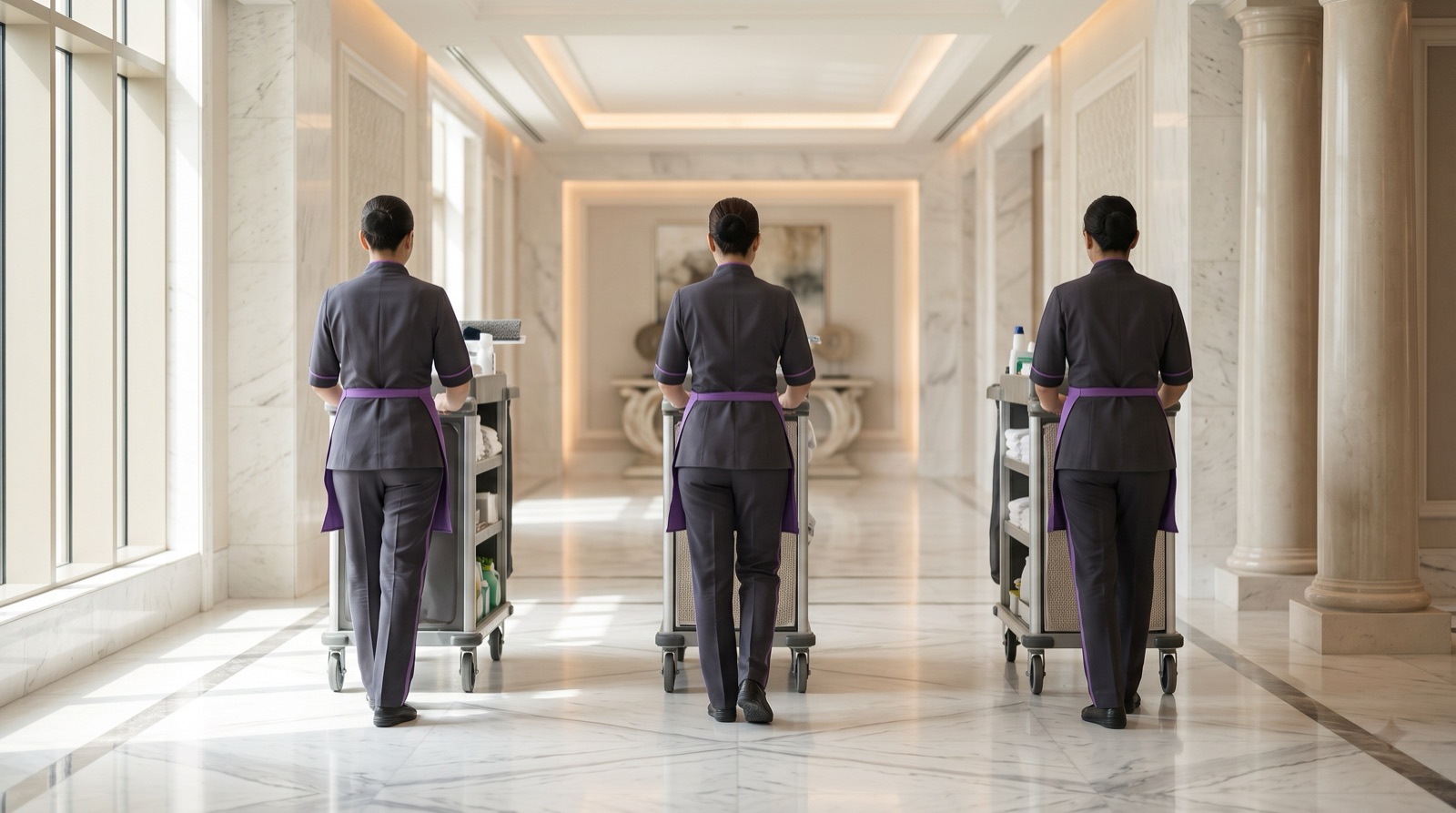 A uniformed cleaning team moving through a bright hotel corridor