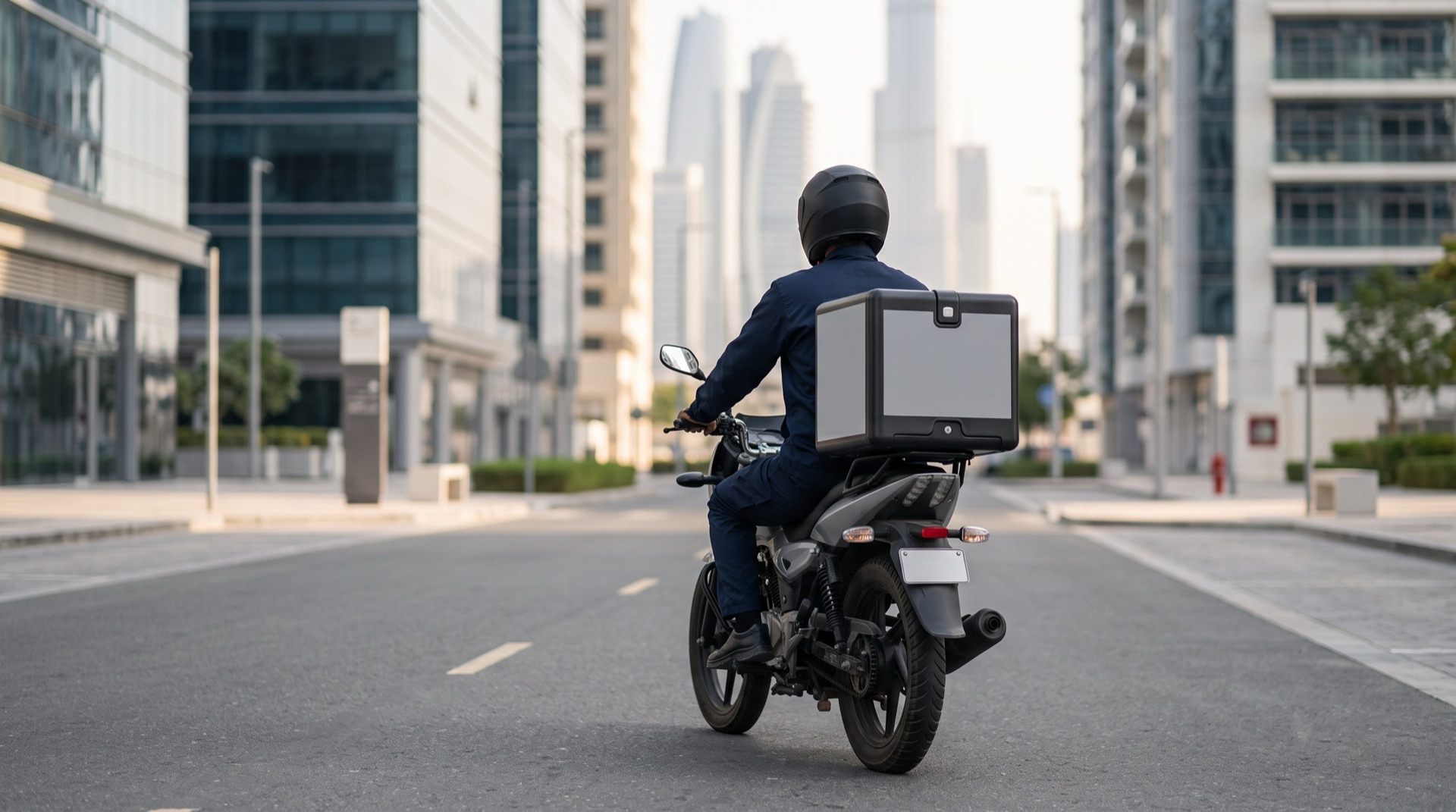A helmeted delivery rider on a modern Dubai street in morning light