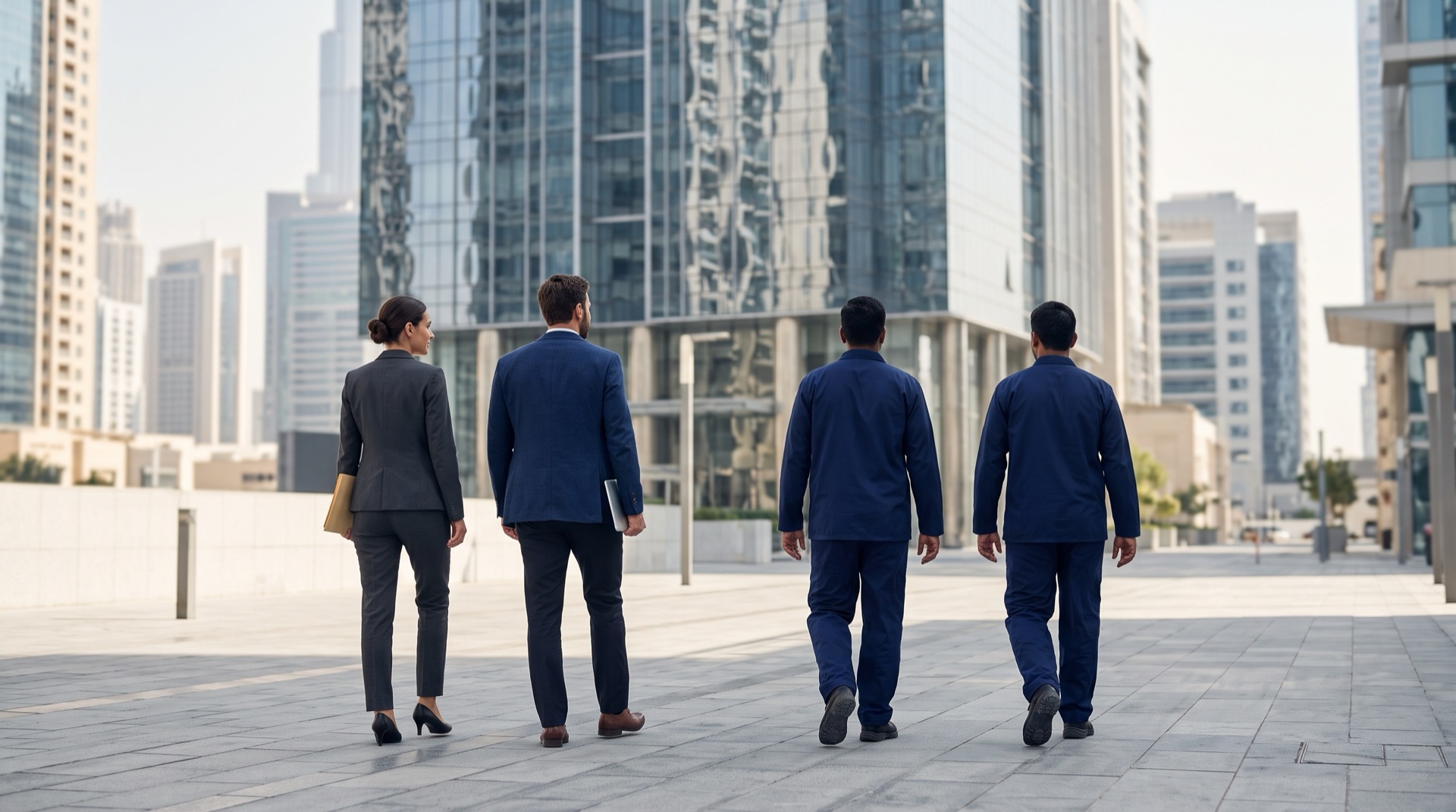 Two professionals in business attire and two uniformed workers walking together toward a Dubai office tower