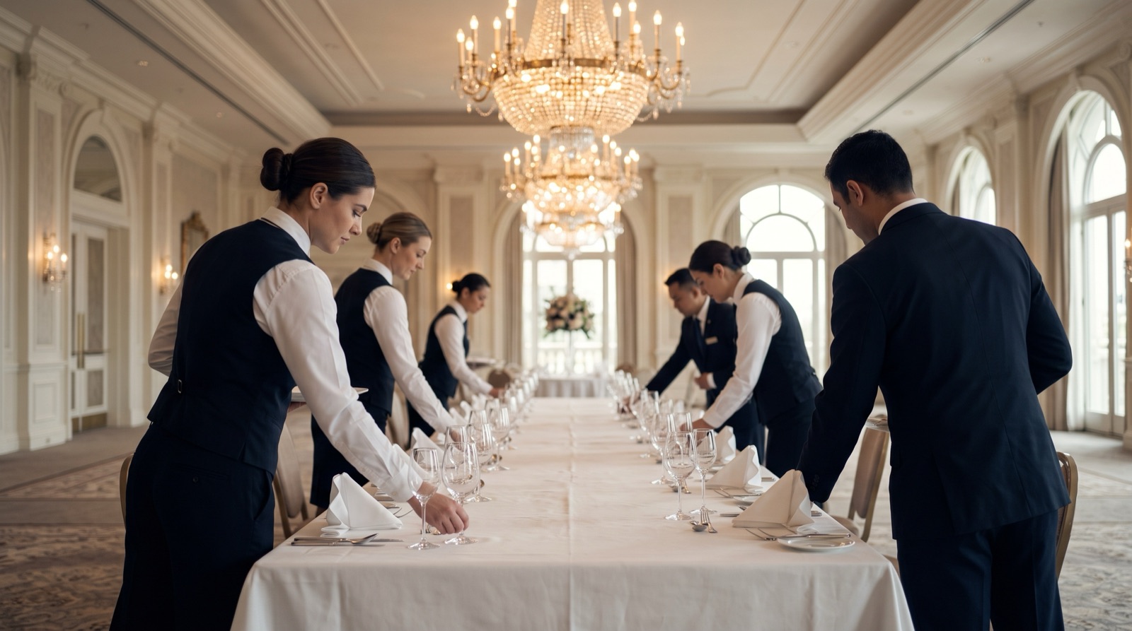 Banquet staff preparing a long table in a hotel ballroom