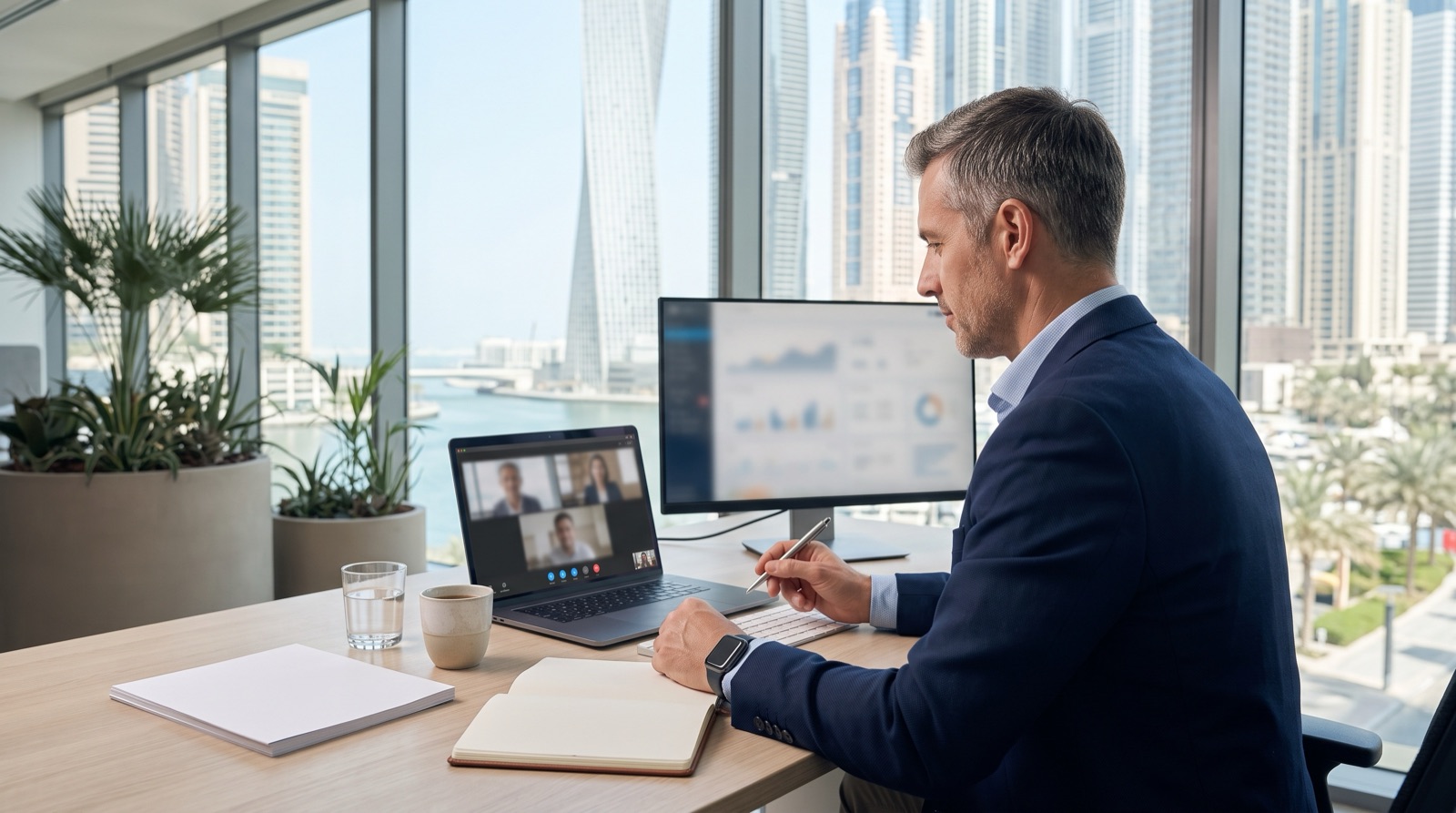 A hiring manager on a video interview call at a bright office desk