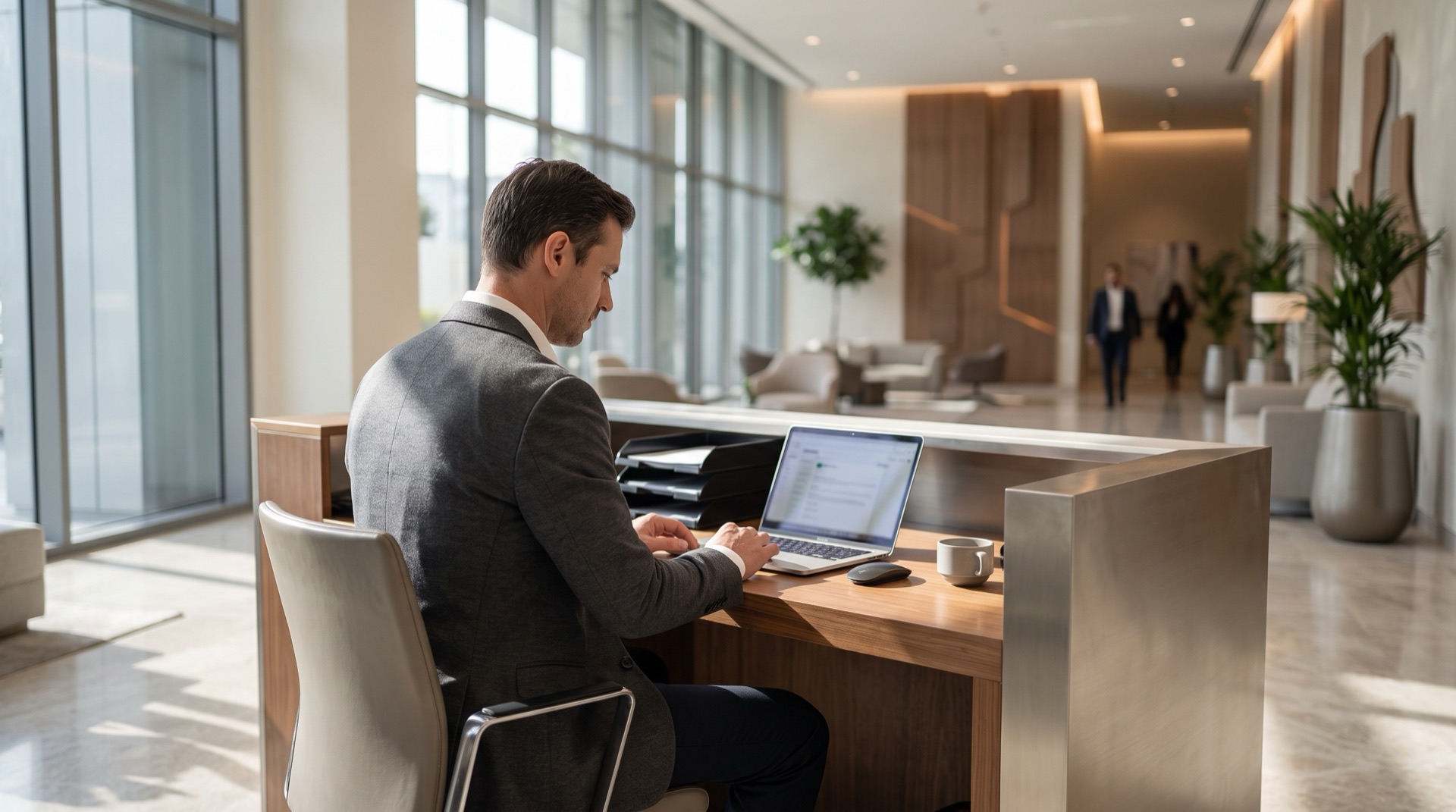 An administrator working at a bright modern reception desk
