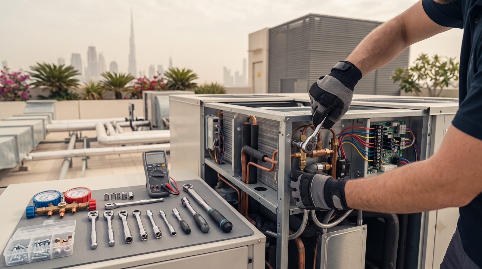 A technician servicing rooftop equipment at golden hour