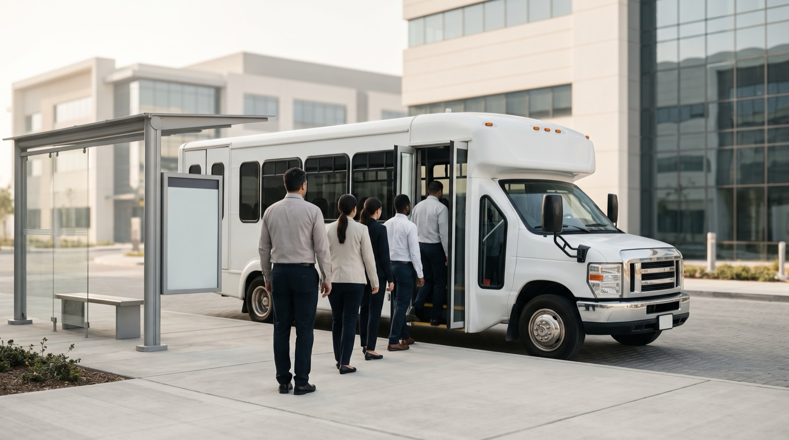 Uniformed workers boarding a clean staff shuttle in the early morning