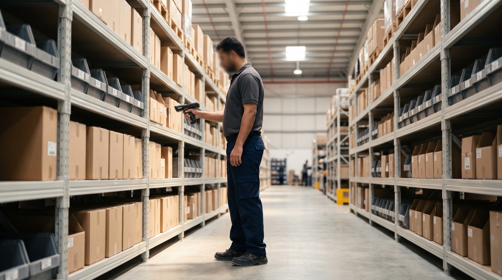 A worker scanning stock in a clean warehouse aisle