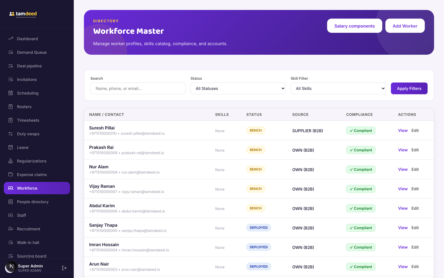 The workforce master list with worker statuses, sources and compliance badges