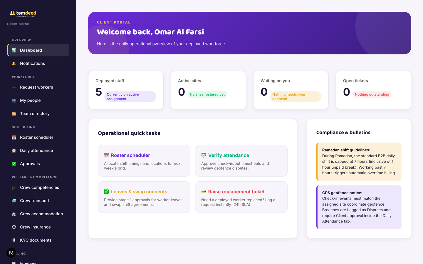 The tamdeed client portal dashboard showing deployed staff, quick tasks and compliance bulletins
