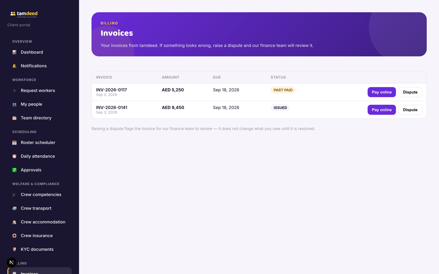 The invoices screen with itemised amounts, statuses, online payment and dispute actions